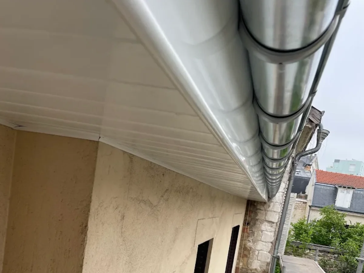 Gouttière demi-ronde et descente en zinc posées le long d'une corniche