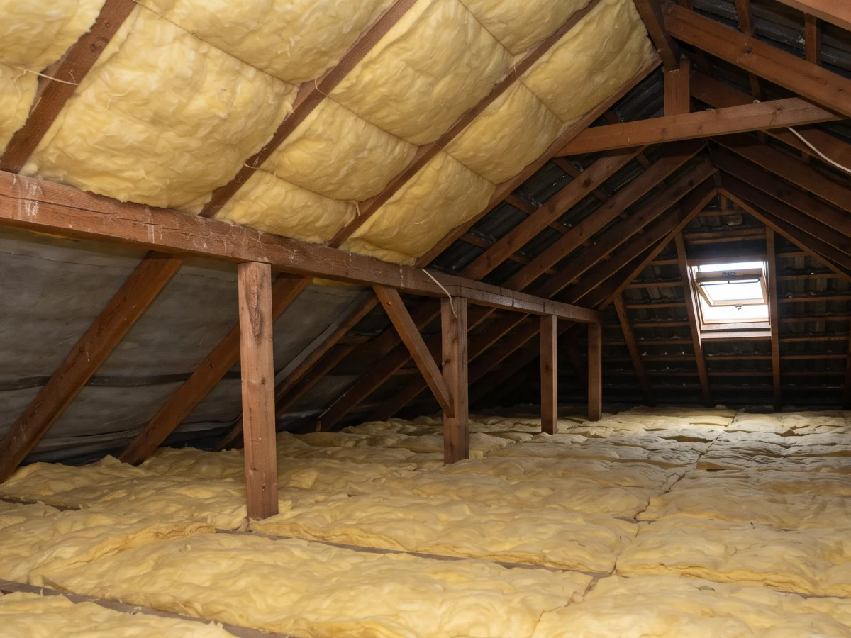 Combles isolés en laine minérale, posée entre chevrons et sur le plancher